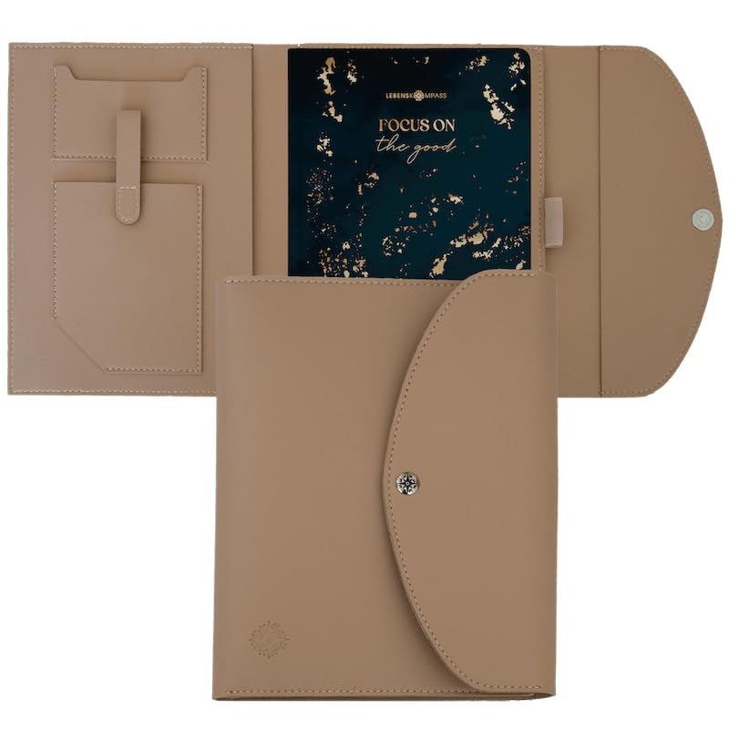 Lebenskompass Buchhülle A5 im edlen Design von "Beige" - Buchtasche & Book Sleeve Bag aus veganem Leder (PU) Für Kalender DIN A5 & als Geschenk für Buchliebhaber
