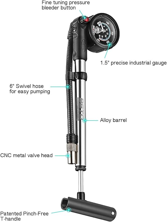 Beto Precision High Pressure Shock Pump (SP-002AGN) with Gauge, 400 PSI 28 BAR, for Front Fork and Rear Bicycle Suspension and Air Shocks