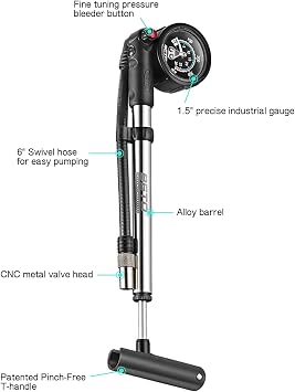 Beto Precision High Pressure Shock Pump (SP-002AGN) with Gauge, 400 PSI 28 BAR, for Front Fork and Rear Bicycle Suspension and Air Shocks