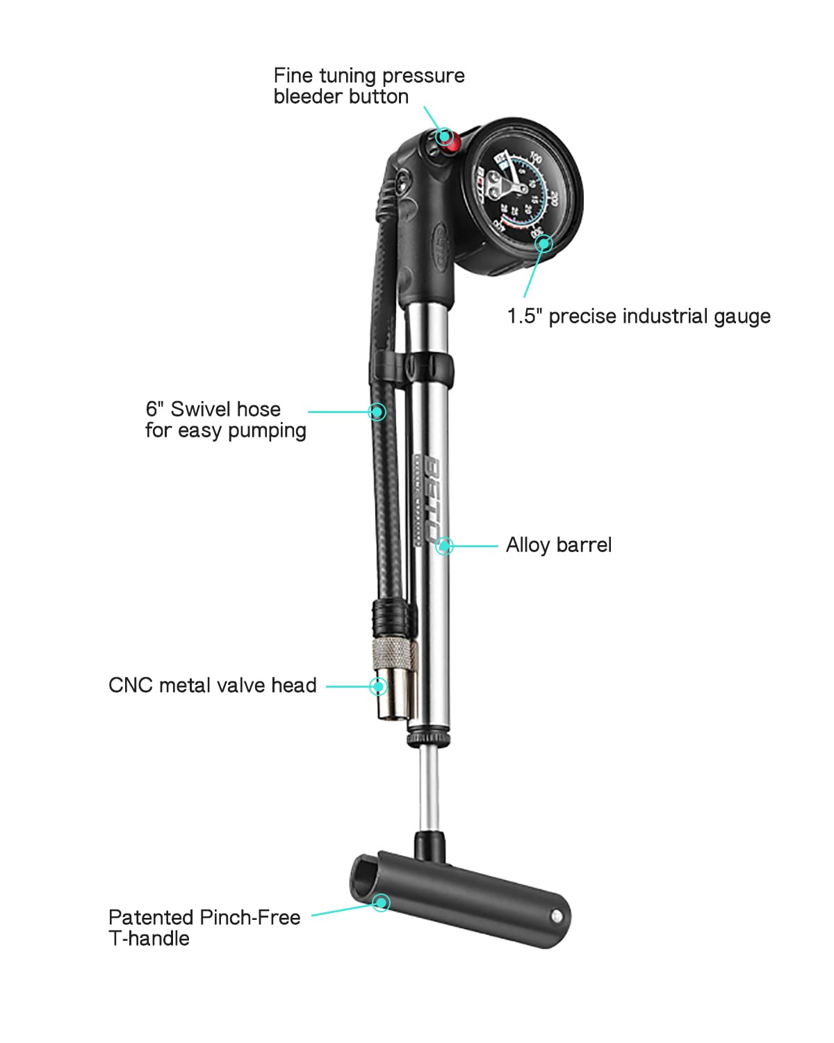 Beto Pompe à choc haute pression de précision (SP-002AGN) avec manomètre, 400 PSI 28 bar, pour fourche avant et arrière de vélo suspension et amortisseurs d'air