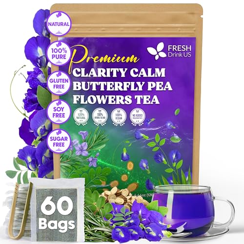 Image of FreshDrinkUS, Clarity Calm Butterfly Pea Flower Tea - 60 Tea Bags Herbal Blend of Butterfly Pea Flower, Rosemary, Moringa, Lemongrass & Licorice Root - Caffeine-Free. Sugar-Free. Gluten-Free. Vegan