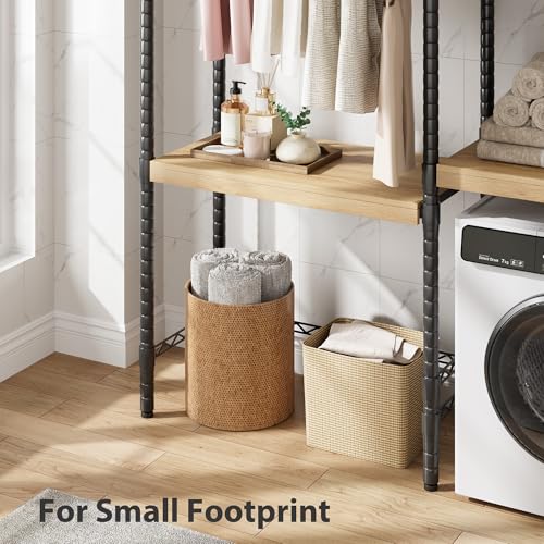 GarveeHome Over-The-Washer Dryer Shelf 28" - 5-Tier Adjustable Laundry Organizer with Double Wood Shelves, Space-Saving Storage for Bathroom, Laundry Room, Balcony, Oak