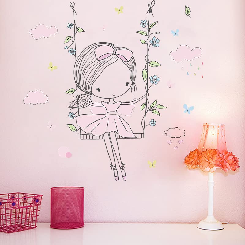 Image of Adorable Sweet Girl Swing Made of Flowers Wall Stickers Art Decal Bedroom Decorations Decor Modern Wallpaper for Kids Boy Rooms Decorations, Self-Adhesive, Wall, 90 Cm, 1 Cms