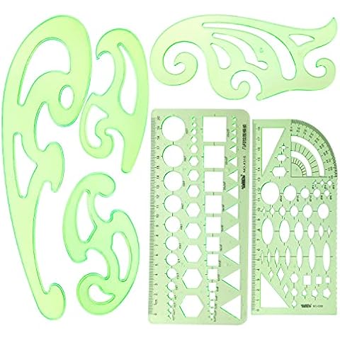 AMONENZ 6 Pcs Measuring Templates, Multi Shape Drawing Template, Green Transparent Drawing Template Ruler, Suitable for Drawing Measuring Construction Teaching Cover