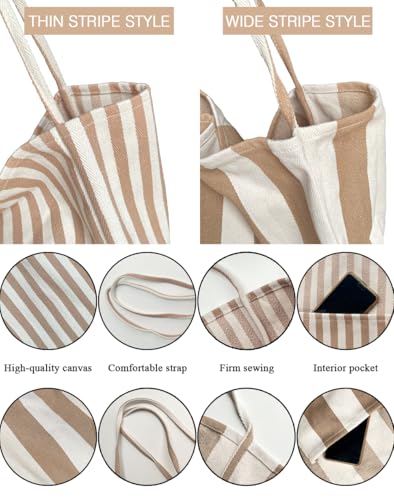 Image of Striped Canvas Tote Handbag for Women Vertical Stripe Large Capacity Shoulder Bag for Shopping Travel