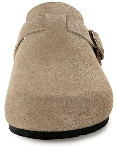 Image of Genuine Suede Clogs Womens Mens Cork Footbed Sandals Potato Shoes | Unisex Suede Leather Mules ,Arch Support,Adjustable Metal Buckle,Cork and Rubber,Wonderful Quality