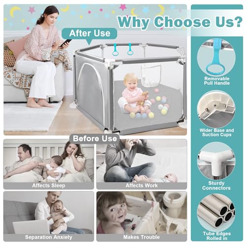 CHOLY Baby Laufstall für Babys und Kleinkinder, stabiler sechseckiger Laufstall mit atmungsaktivem Netz, Aktivitätszaun für Kinder für drinnen und draußen mit Reisetasche (Hellgrau)