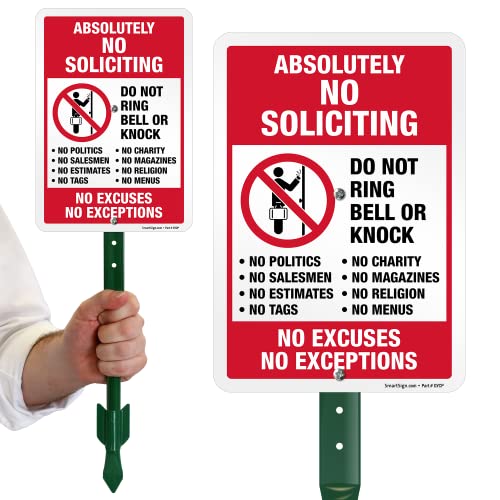 SmartSign 10' x 7' 'Absolutely No Soliciting - Do Not Ring Bell Or Knock, No Exceptions' Yard Sign and 18 inch Stake Kit, 40 mil Laminated Rustproof Aluminum, Red, Black and White, USA-Made