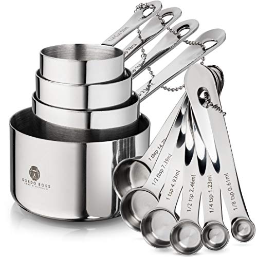Stainless Steel Measuring Cups And Spoons Set - Gordo Boss 10-piece Heavy-duty 18/8 Metal Measuring Cups Set - Sturdy, Non-toxic, Non-rust, Well Made Professional Kitchen Measuring Set.