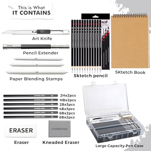 Image of DaKos Professional Sketching Pencil Set for Artists - Art Supplies for Shading & Sketching Complete Drawing Kit with Graphite Pencils in Cardboard Box, A5 Sketchbook & Carry Case (35 Pcs)