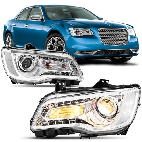 Reinko For 2011-2023 Chrysler 300/300C Headlight Assembly Halogen Chrome Headlamp Replacement Pair set For 11-23 Chrysler 300/300C