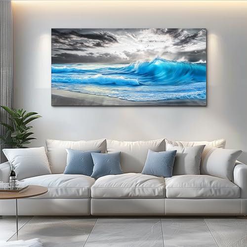 PHAOHUAXM Large Canvas Beach Wall Pictures Artworks Wall Decor For Living Room Canvas Wall Art For Bedroom Office Decorations Blue Sea Wave Ocean Paintings Modern Inspiration Home Decor 30x60 In