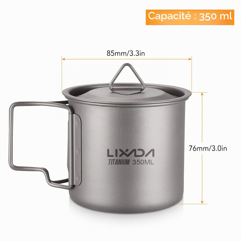 Lixada Pot de camping portable en titane Avec poignée pliante 300 ml, 350 ml, 420 ml, 550 ml, 650 ml, 750 ml, 900 ml, 1600 ml, ., Volume : 350 ml