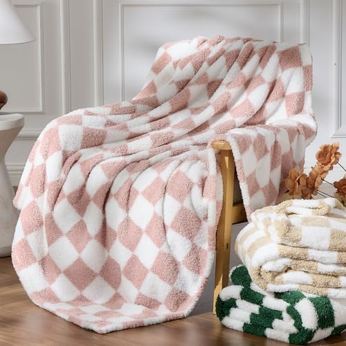 NEWCOSPLAY Knitted Pink White Checkered Blanket Super Soft Plush Throw for Couch Fuzzy Fluffy Microfiber Lightweight Blanket for Bed Sofa All Season Use (Pink White Throw(50x60))