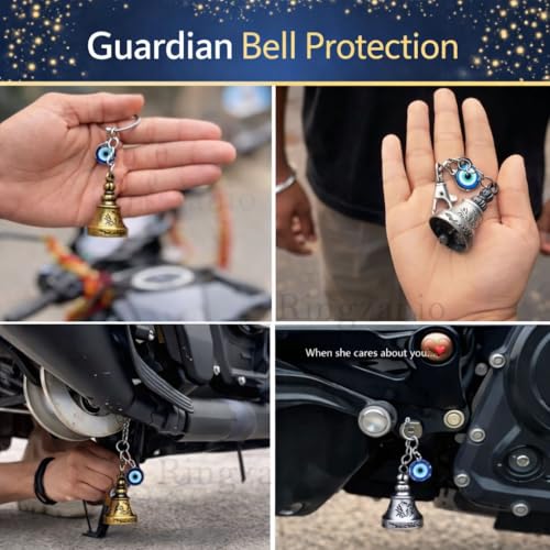 Image of Guardian Bell Keychain for Bike and Car | Tibetan Texture Bell Keychain with Evil Eye | Good Luck Charm Bell | Ghanti for Bike | Guardian Bell | Gift for Men | Protection Charm | Gift for Rider