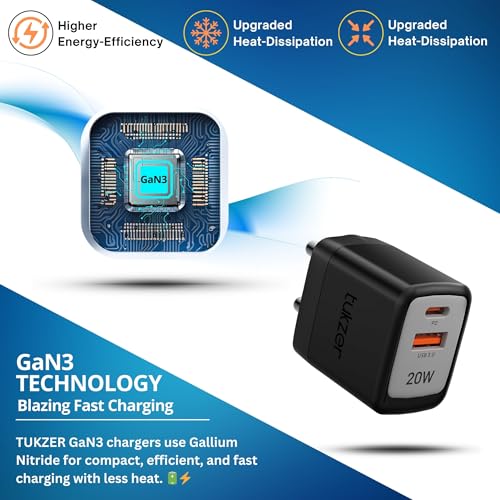 Image of Tukzer 20W Dual Port GaN3 Ultra 2X Faster Charger(Type C PD3.0 & USB QC3.0) Adapter for iPhone 16 /16 Plus /16 Pro /16 Pro Max, iPhone 15 /15 Plus /15 Pro /Max, 14 /13 /12 Series, Samsung, MacBook,Laptops-BLK