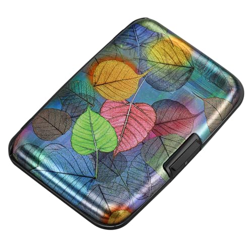 Image of ELFISH Mini RFID Aluminum Wallet Credit Cards Holder Business Card Case Metal ID Case for Men Women, Colorful Leaves, small, Compact