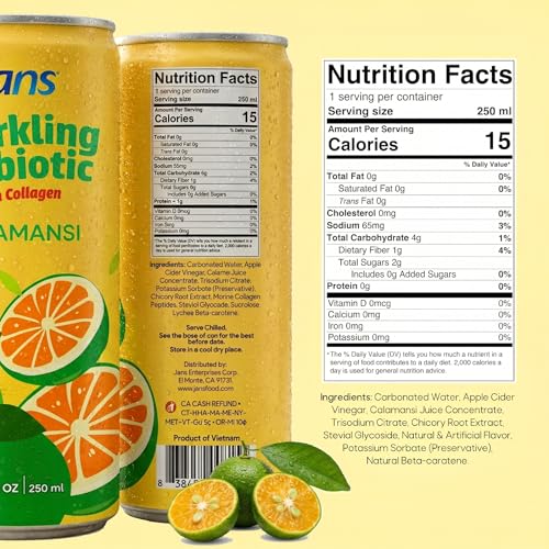 Image of Jans Sparkling Prebiotic Soda Beverage - Calamansi 8.4 Fl Oz (24-Pack) - Low Calorie, NO Added Sugar, Non-GMO Sparkling Fruit Beverage, Gut Health Support