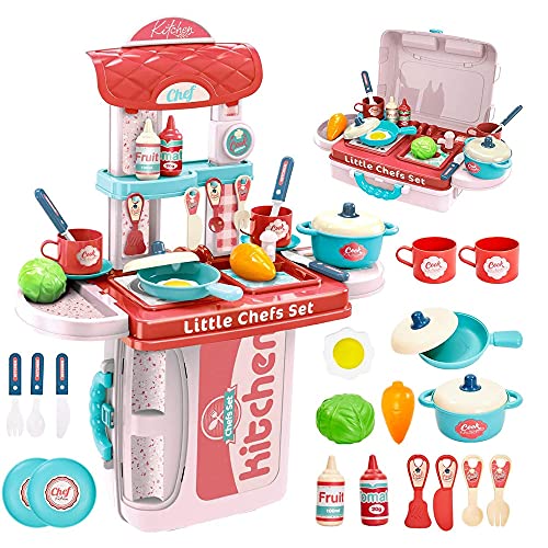 iHizbor Kids Kitchen Playset, Pink Kitchen with Suitcase, Play Kitchen Set Pink Kids Kitchen Playset 32- Pieces Kitchen Accessories Set,Great Educational Toy Gifts for Girls (Pink)