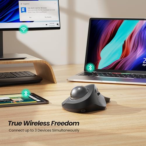 Nulea Wireless Ergonomic Trackball Mouse, Rechargeable, Bluetooth Rollerball Mouse, 44mm Index Finger Trackball, 5 Adjustable DPI, Compatible with PC, Laptop, iPad, Mac, Windows, Android - Thumbnail 6