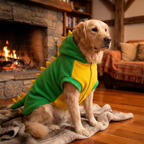 FLAdorepet Lustiges Halloween-Kostüm für große Hunde, Dinosaurier-Kostüm, Hunde-Pyjama, mit Kapuze, Winter, warme Haustierkleidung, Mantel für Golden Retriever, Pitbull (Grün, 7XL)