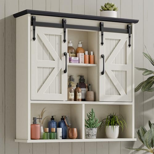 Image of Vabches Bathroom Wall Cabinet, Farmhouse Medicine Cabinet, White and Black