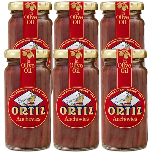 Ortiz Anchovies in Extra Virgin Olive Oil, Firm Buttery Fillets with a Rich Umami Taste, Wild Caught in Spain, Great for Pizza, Pasta and Caeser Salad, 3.3oz Glass Jar (Pack of 6)