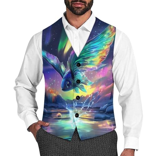 Flying Fish Northern Lights Men's Suit Vest Slim Fit Business Dress Party Pattern Waistcoat Vest Top
