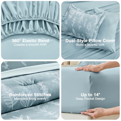 Image of MUXHOMO Mineral Blue Full Comforter Set, Elegant Floral Print Bed in a Bag 7 Pieces, Ultra Soft & Breathable Reversible Botanical Pattern Bedding Set with Comforter, Sheets, Pillowcases, and Shams