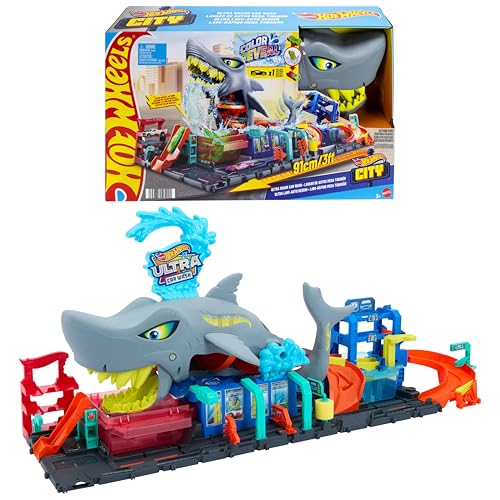 Hot Wheels Let’s Race Netflix - City Station de Lavage Requin Coffret Piste de Course avec Voiture Color Reveal à l’échelle 1/64, Fonction de Changement de Couleur...