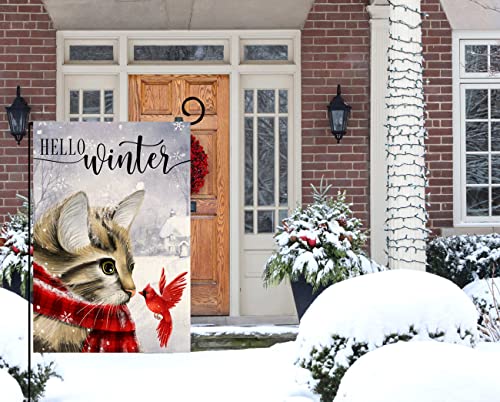 Wintercatgardenflag12x18verticaldoublesidedcardinalbirdsnowchristmasholidayoutsidedecorationsburlapyardflagbw230  Urban Country Home Decor Winter cat garden flag 12×18 vertical double sided cardinal bird snow christmas holiday outside decorations burlap yard flag bw230  urban country home decor