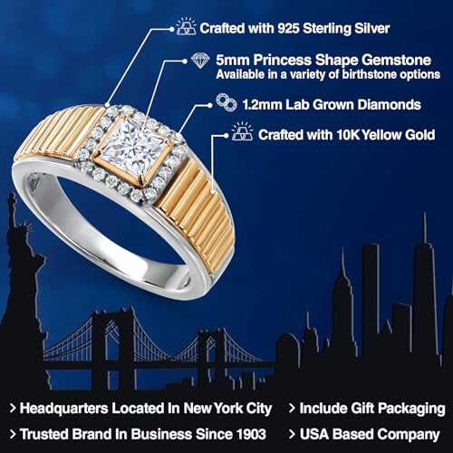 Gem Stone King 925 Silver and 10K Yellow Gold 5MM Princess Cut Gemstone Birthstone and 1.2MM Round White Lab Grown Diamond Statement Ring For Men | Available in Size 7-132