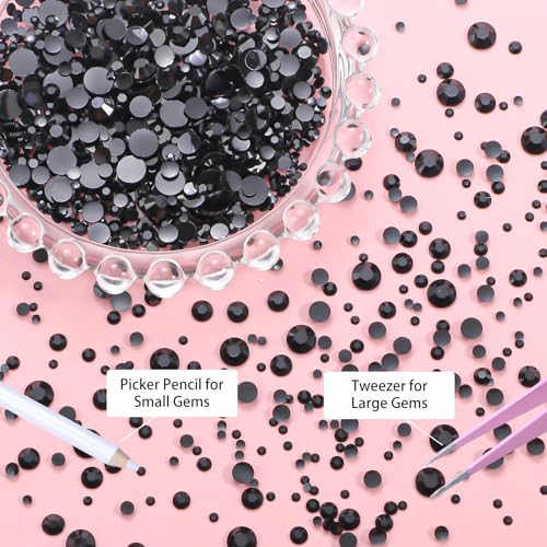 Image of 16000 Pcs Black Resin Rhinestones for Crafting, Flatback Black Gems Jelly Rhinestones, Mixed Sizes Bedazzling Crystal with Pickup Tool for DIY Crafts Clothing Tumblers Mugs Shoes Fabric Nail Art