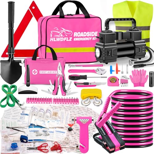 HLWDFLZ Car Emergency Kit with Portable Air Compressor - Roadside Assistance Emergency Kit with Jumper Cables First Aid Kit Auto Tool Set Winter Safety Kit for Women Men Teen (Pink)