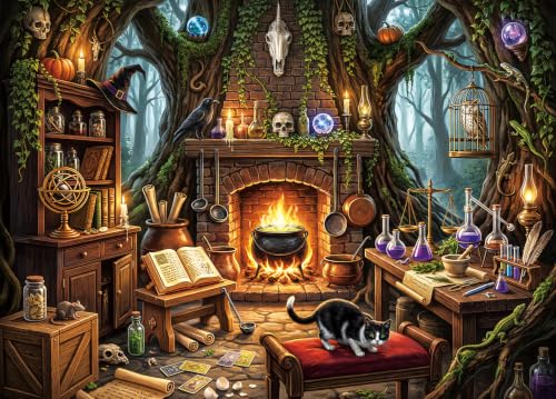 Rompecabezas de 1000 piezas para adultos: Cabaña de bruja con caldero y gato negro, decoración gótica para pared y regalo ideal para fanáticos de Halloween, 27,56" x 19,7"