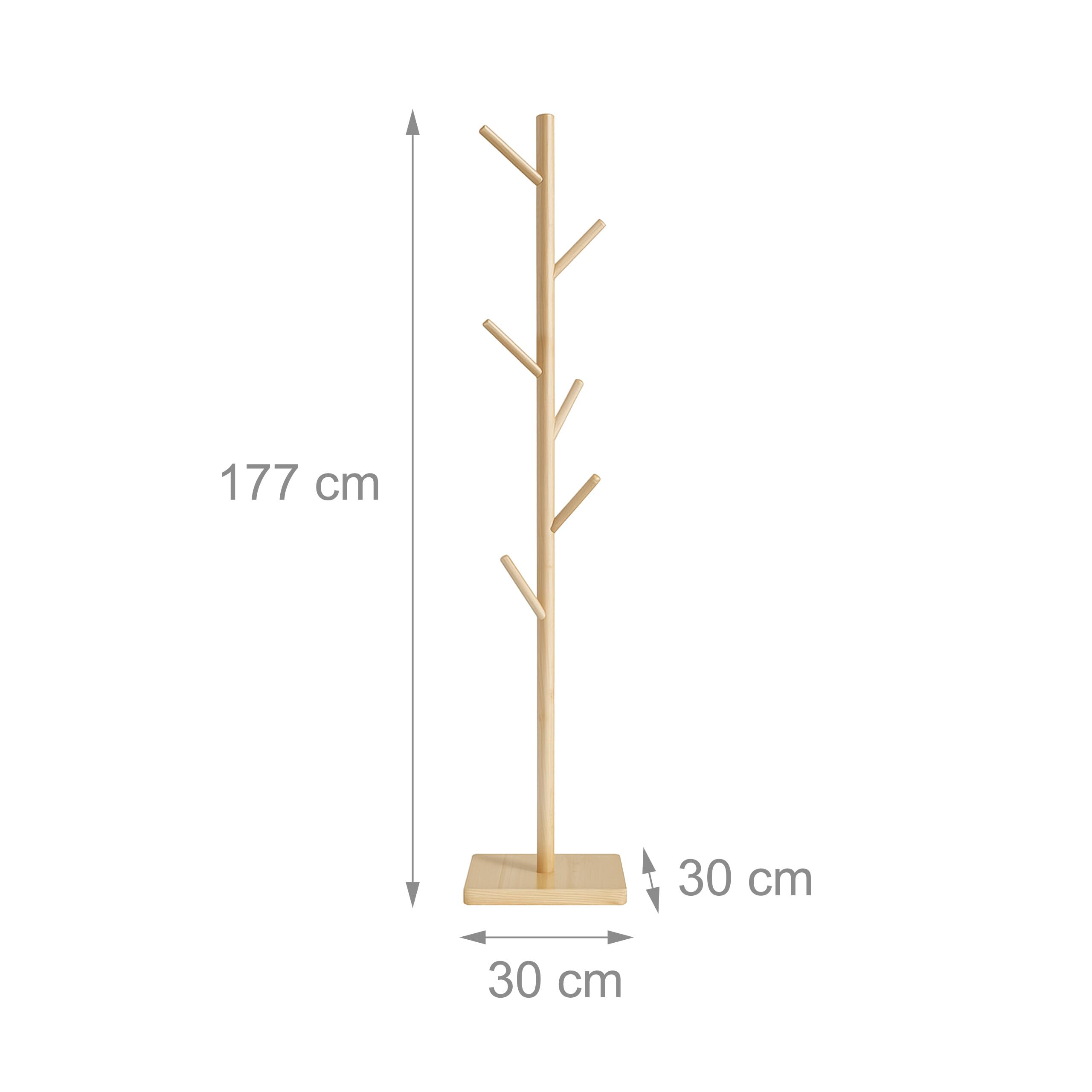 Relaxdays Perchero de Pie, Forma Árbol, 177 x 30 x 30 cm, 8 Ganchos, Colgador 3 Alturas, Madera Caucho y MDF, Natural