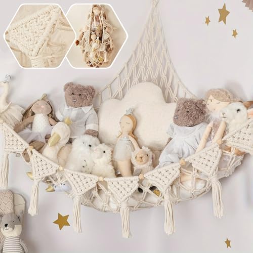 Lunriwis Kuscheltier Aufbewahrung Netz, Boho Makramee stofftier Spielzeug Lagerung hängende Tasche, Aufbewahrung Kuscheltiere Lagerung Netz Spielzeugaufbewahrung kinderzimmer Weiß