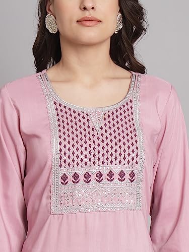 Image of VredeVogel Women Cotton Slub Straight Kurta Set With Pant and Net Embroidery Dupatta