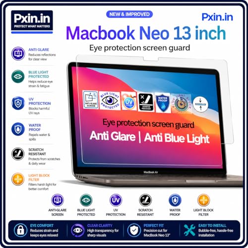 Image of Pxin Anti Bluelight and Anti Glare Screen Guard compatible with Macbook Neo 13 inch | BLUV Lightblock Tech | Scratch Proof | Prevents bluelight | Eye Protection | No Dry Eyes