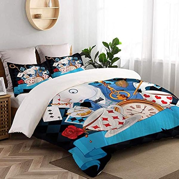 Dekbedovertrek, Alice in Wonderland Rabbit Motion Cups Hearts and Flower Character Alice Cartoon Style, beddengoed Set Ultracomfortabel Lichtgewicht luxe microfiber sets
