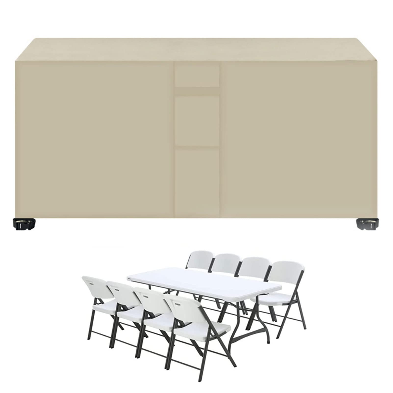 Zestaw futrzanych pokrowców 287 x 155 x 82 cm, ochrona przed promieniowaniem UV, oddychające, odporne na owady, pokrowce na stół na patio ze stałą klamrą, kostka, do ogrodu, na stół i krzesło, Bei