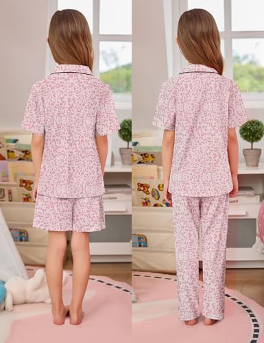 SWOMOG Kids Pajamas Sets 3PCS Short Sleeve Long Pants with Shorts Girls Boys Button Down PJS Cute Loungewear for 4T-15Years,3