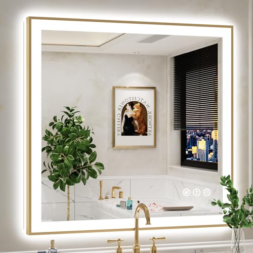 Image of 40x38 LED Bathroom Mirror with Lights, Gold Framed Lighted Mirror | Backlit and Front light, Anti-Fog, 3 Color Dimmable, Memory, Tempered Glass, IP54 Waterproof, UL Listed