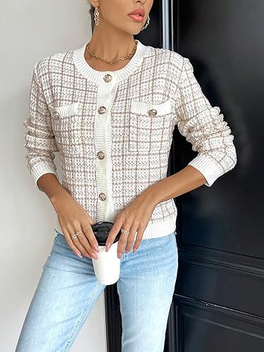 Image of WDIRARA Women's Plaid Button Front Cardigan Round Neck Long Sleeve Knit Cardigan Sweater