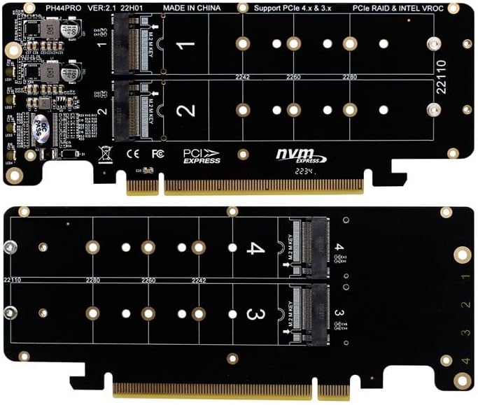 4.0 X16 to Port NVME Card Adapter M Key PCI-E Split 32Gbps Support 2230 2242 2260 2280 .2 SSD