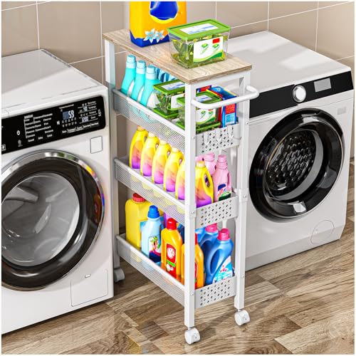 Image of Vivihomety Utility Slim Storage Cart with Wheels, 4 Tier Small Rolling Cart with Wood Top, Metal Kitchen Bathroom Laundry Room Organization Trolley with Handle for Narrow Space - White
