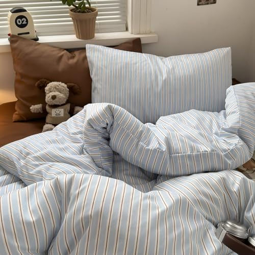 Image of EAVD Retro Striped Duvet Cover Twin Light Blue&Brown Washed Microfiber | 3-Piece Vertical Striped Bedding Set, Soft Breathable, 1 Duvet Cover with 2 Pillowcases, Fresh Aesthetic, Zipper Corner Ties