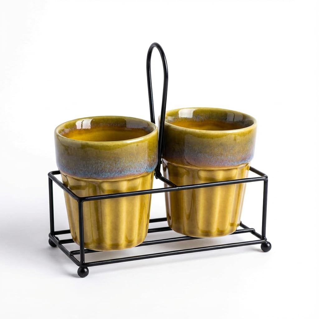 Ceramic Chai Cups Set of 2 with Metal Holder Stand | Tapri Style Cutting Chai Glasses | Glossy Kulhad Tea Coffee Cups | Kitchen Serving Set Yellow