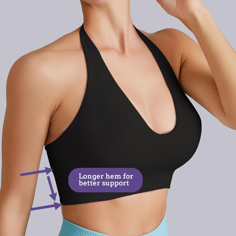 Soutien-Gorge de Sport Femme Dos Nu Sexy décolleté en V Profond Halter Neck Push Up Rembourré sans Armature sans-Couture Bra Confort Yoga Pilates Fitness