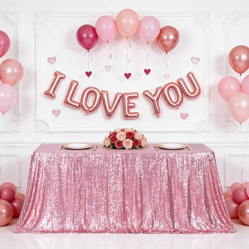 Image of Eternal Beauty Fuchsia Pink Tablecloth, 50x80 Inch Sequin Rectangle Table Cover for Mother's Day Cake Dessert Exhibition Party Birthday Events